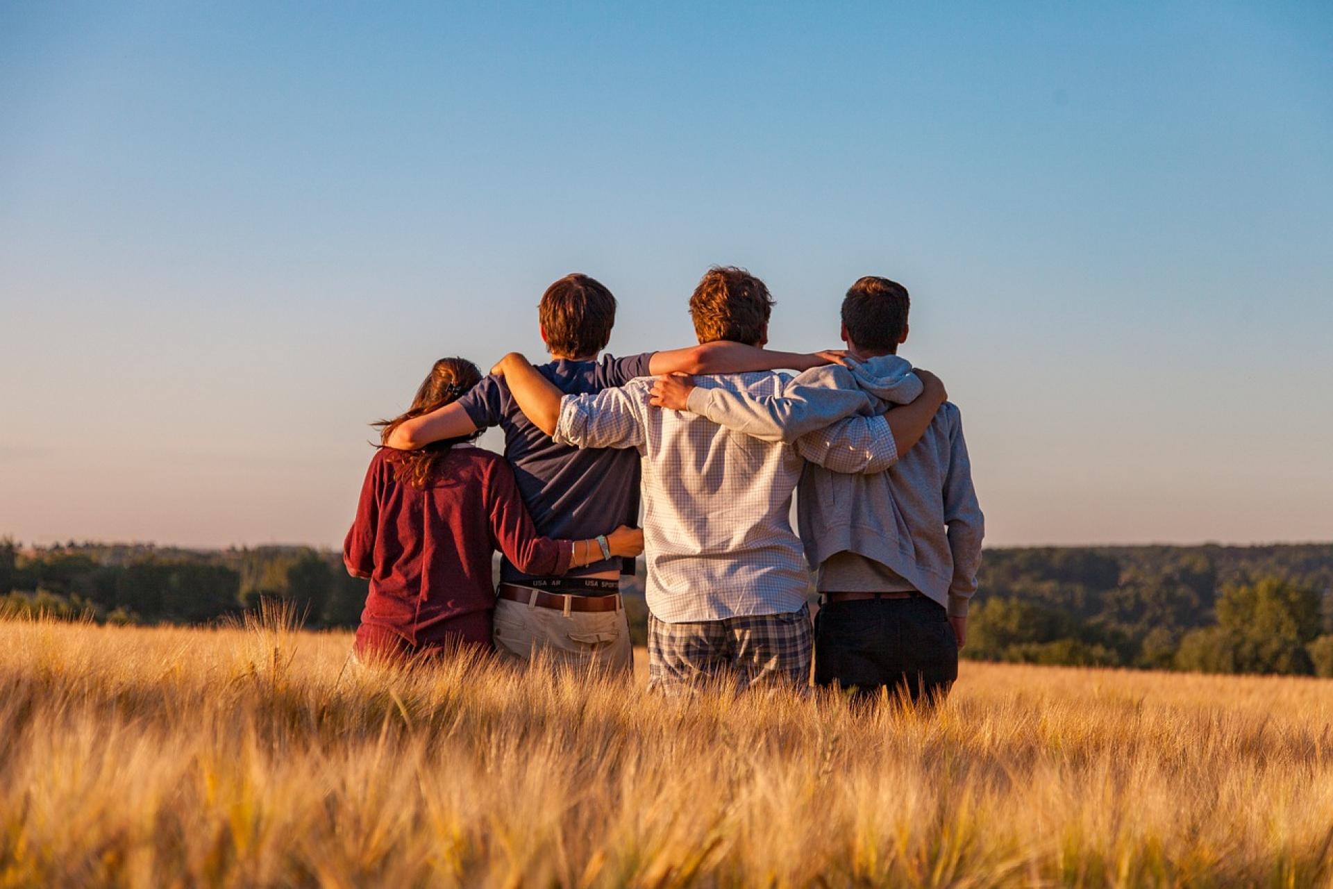 czwórka młodych osób stojąca tyłem na polu. obejmują się ramionami