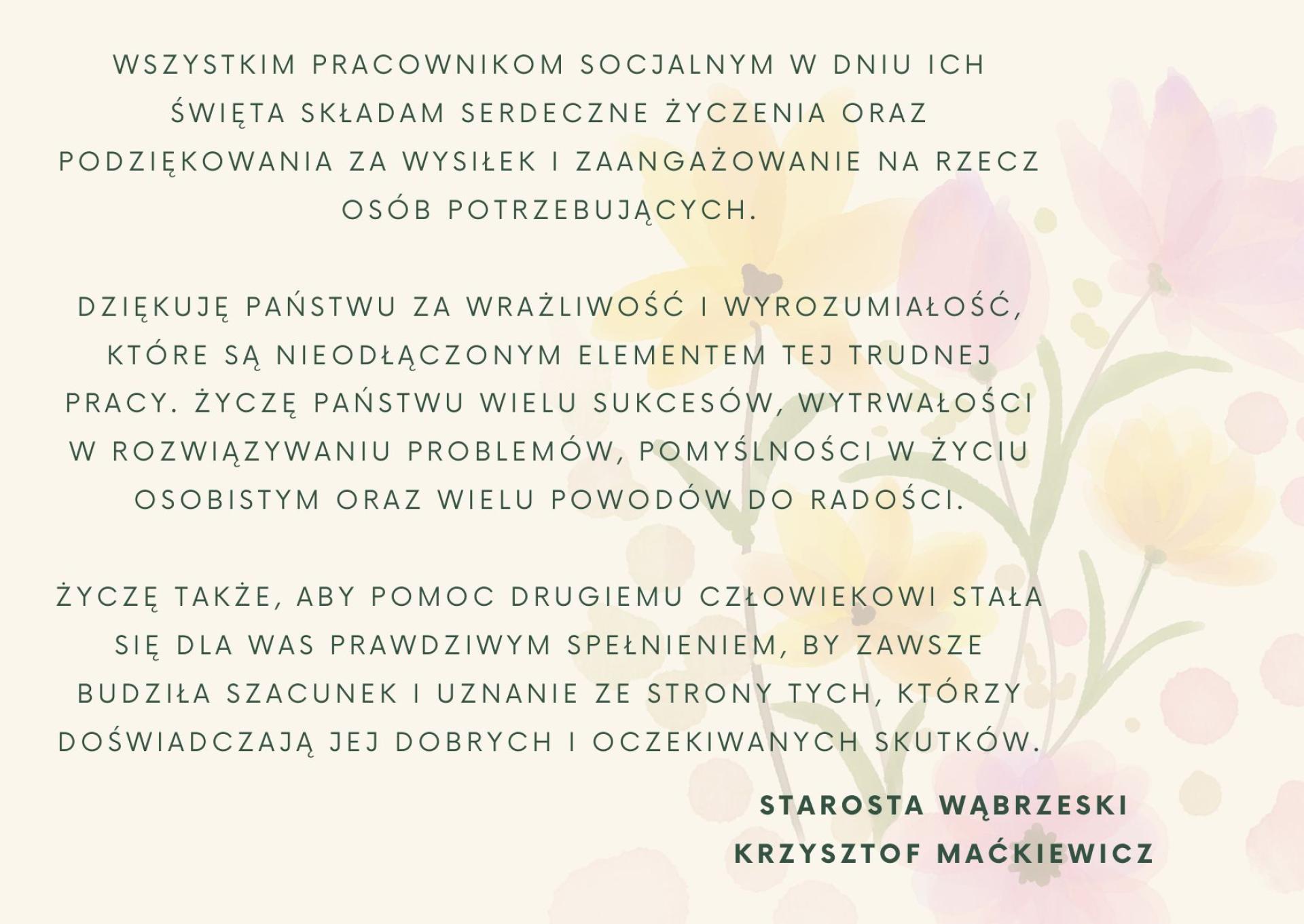 Życzenia Starosty Wąbrzeskiego z okazji Dnia Pracownika Socjalnego treść w notatce